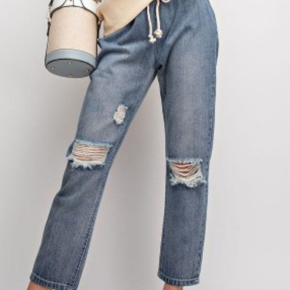 Boyfriend Jeans- Distressed Drawstring